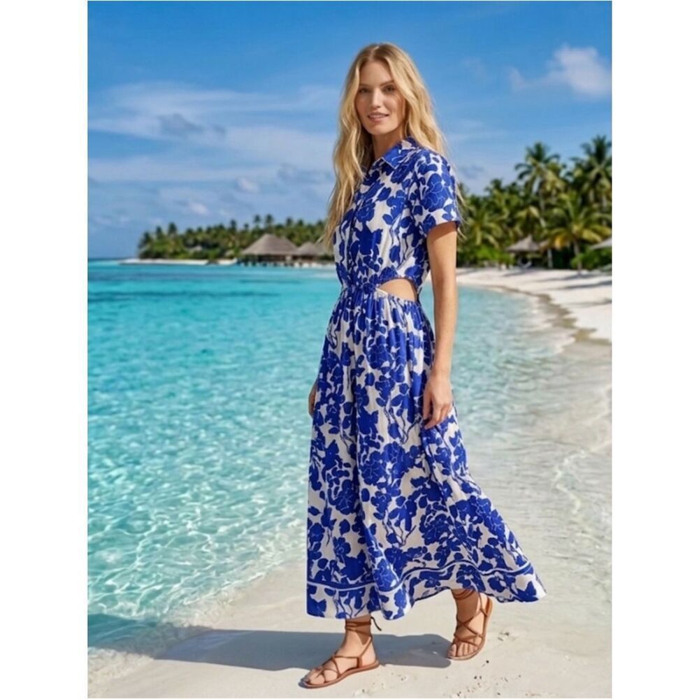 NWT Aakaa Anthropologie Small Side Cutout Blue White Maxi Artsy Festive Dress